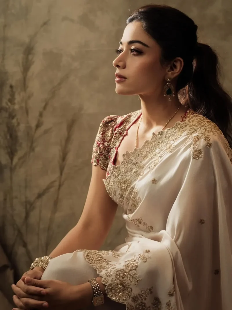 Rashmika Mandanna Inspired Bollywood Style Rangoli Silk Designer Saree close look