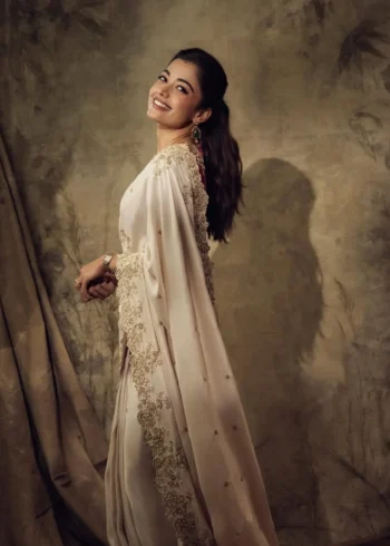 Rashmika Mandanna Inspired Bollywood Style Rangoli Silk Designer Saree side look