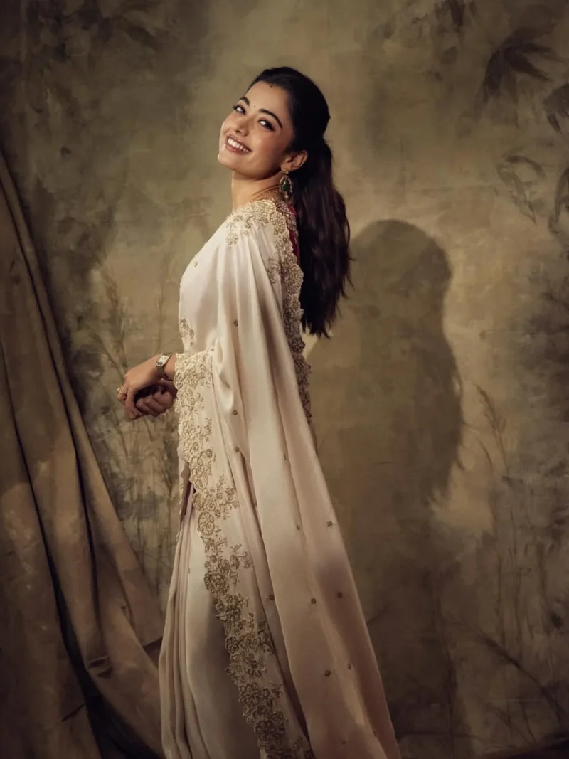 Rashmika Mandanna Inspired Bollywood Style Rangoli Silk Designer Saree side look