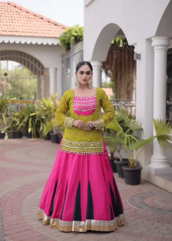 Pink Green Rayon Navratri Lehenga Choli with Kutchi Gamthi Blouse and Bandhni Jacket