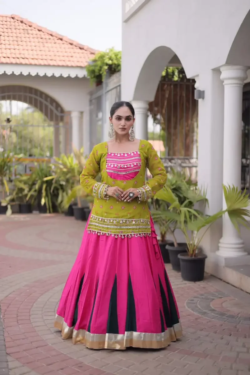 Pink Green Rayon Navratri Lehenga Choli with Kutchi Gamthi Blouse and Bandhni Jacket