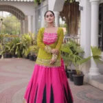 Pink Green Rayon Navratri Lehenga Choli with Kutchi Gamthi Blouse and Bandhni Jacket front look