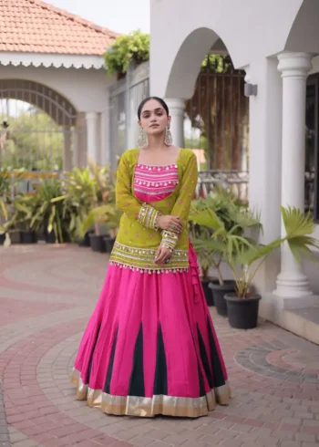 Pink Green Rayon Navratri Lehenga Choli with Kutchi Gamthi Blouse and Bandhni Jacket front look