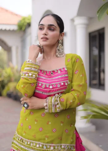 Pink Green Rayon Navratri Lehenga Choli with Kutchi Gamthi Blouse and Bandhni Jacket close look