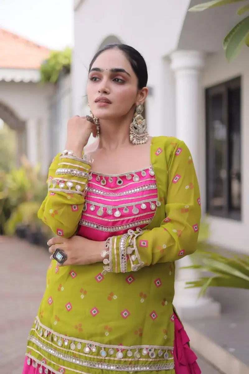 Pink Green Rayon Navratri Lehenga Choli with Kutchi Gamthi Blouse and Bandhni Jacket close look