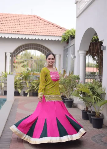 Pink Green Rayon Navratri Lehenga Choli with Kutchi Gamthi Blouse and Bandhni Jacket flair look