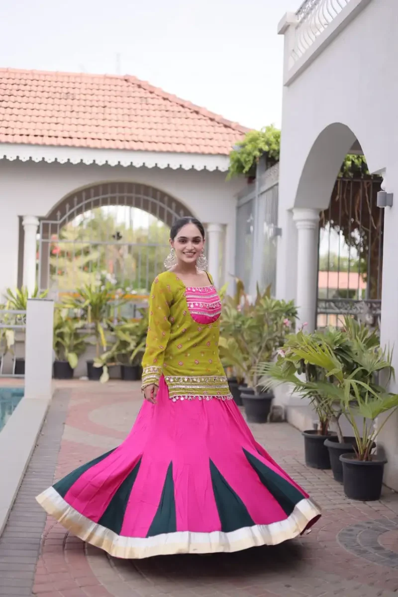 Pink Green Rayon Navratri Lehenga Choli with Kutchi Gamthi Blouse and Bandhni Jacket flair look