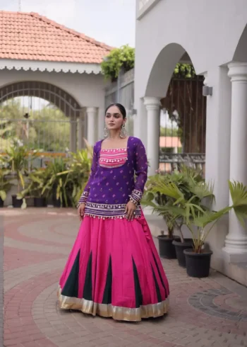 Pink Purple Rayon Navratri Lehenga Choli with Kutchi Gamthi Blouse and Bandhni Jacket front look