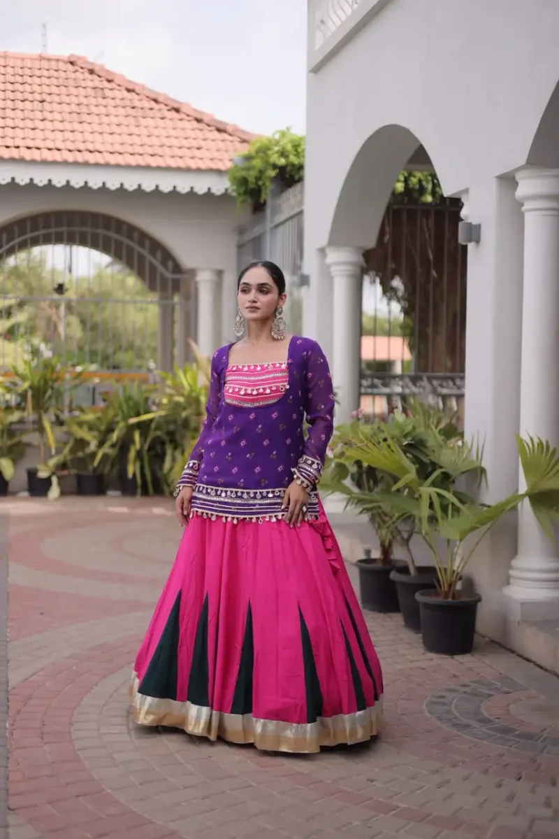 Pink Purple Rayon Navratri Lehenga Choli with Kutchi Gamthi Blouse and Bandhni Jacket front look