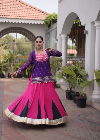 Pink Purple Rayon Navratri Lehenga Choli with Kutchi Gamthi Blouse and Bandhni Jacket flair look