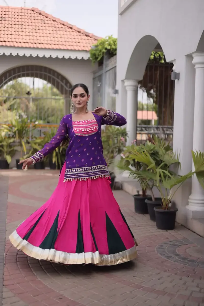 Pink Purple Rayon Navratri Lehenga Choli with Kutchi Gamthi Blouse and Bandhni Jacket flair look