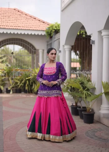 Pink Purple Rayon Navratri Lehenga Choli with Kutchi Gamthi Blouse and Bandhni Jacket