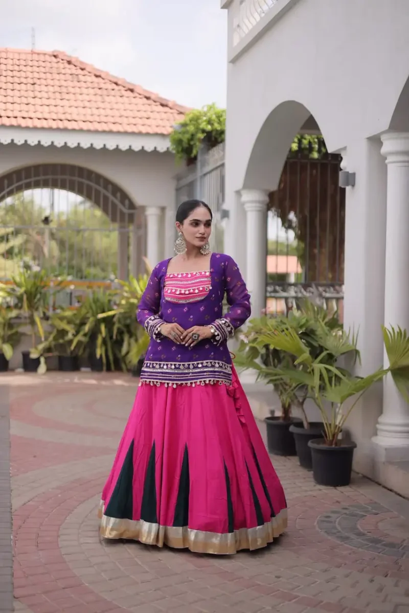 Pink Purple Rayon Navratri Lehenga Choli with Kutchi Gamthi Blouse and Bandhni Jacket