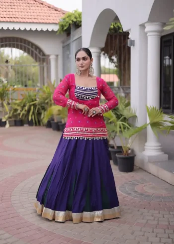 Purple Pink Rayon Navratri Lehenga Choli with Kutchi Gamthi Blouse and Bandhni Jacket front look