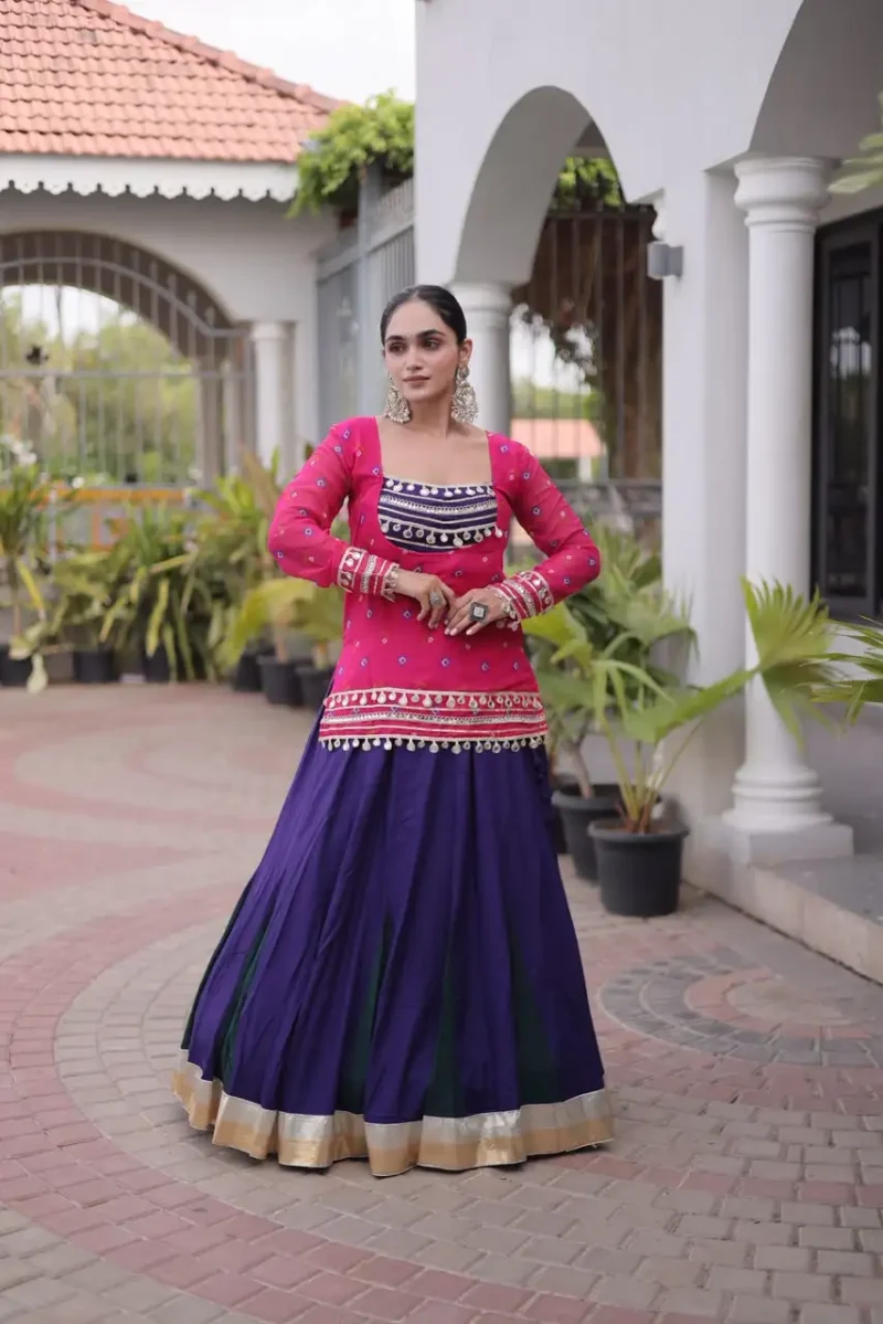 Purple Pink Rayon Navratri Lehenga Choli with Kutchi Gamthi Blouse and Bandhni Jacket front look