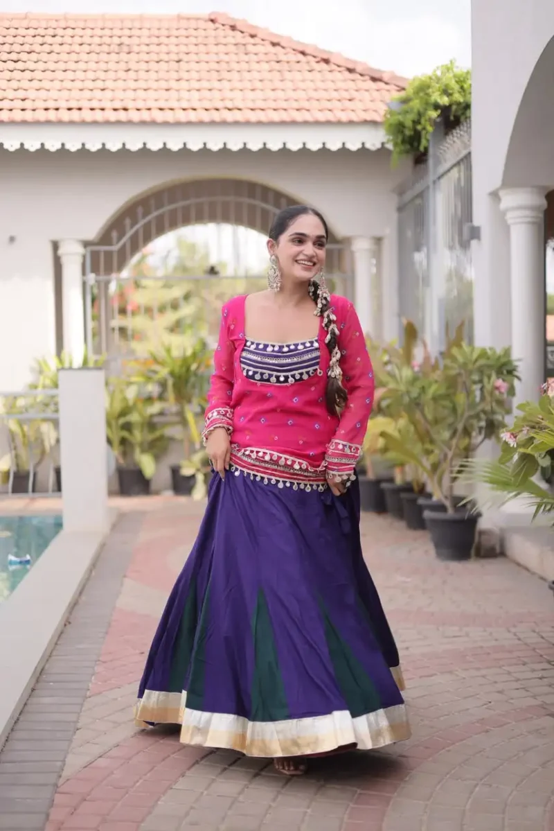 Purple Pink Rayon Navratri Lehenga Choli with Kutchi Gamthi Blouse and Bandhni Jacket