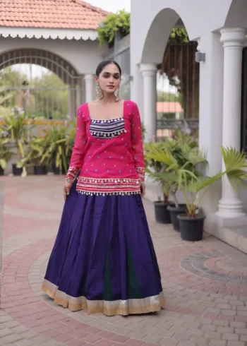 Purple Pink Rayon Navratri Lehenga Choli with Kutchi Gamthi Blouse and Bandhni Jacket