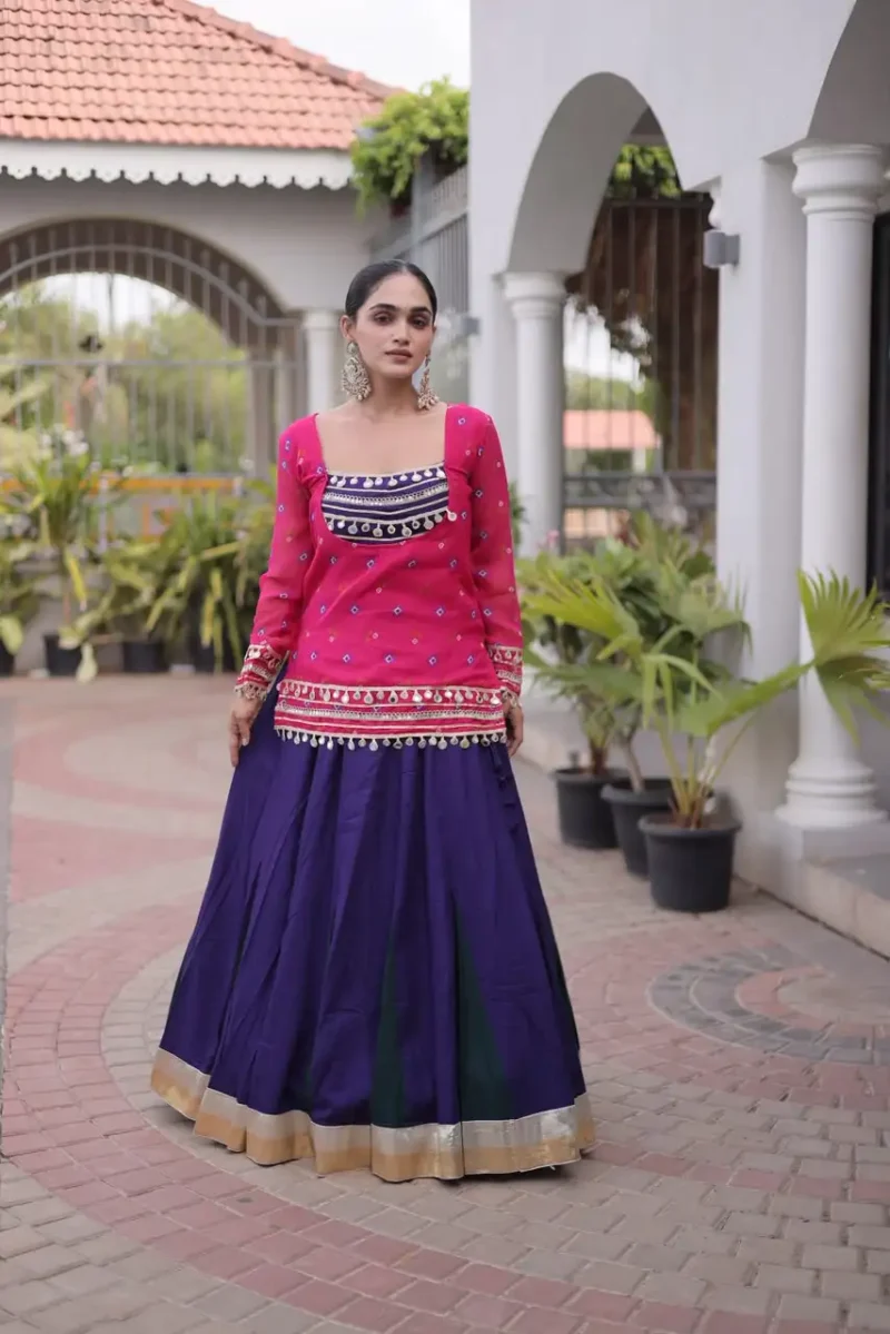 Purple Pink Rayon Navratri Lehenga Choli with Kutchi Gamthi Blouse and Bandhni Jacket