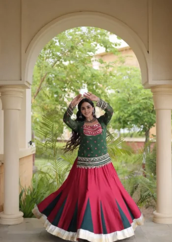 Red Green Rayon Navratri Lehenga Choli with Kutchi Gamthi Blouse and Bandhni Jacket flair look