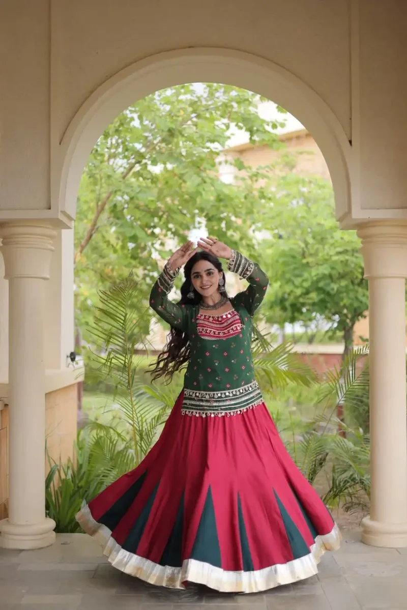 Red Green Rayon Navratri Lehenga Choli with Kutchi Gamthi Blouse and Bandhni Jacket flair look