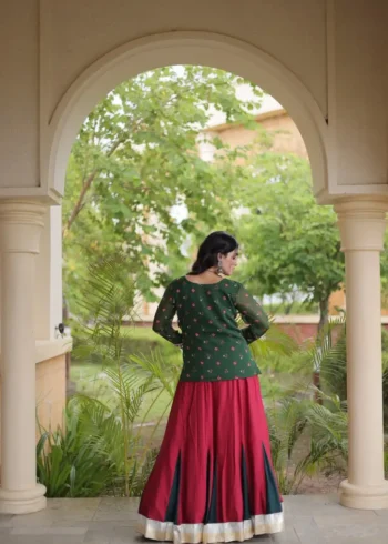 Red Green Rayon Navratri Lehenga Choli with Kutchi Gamthi Blouse and Bandhni Jacket back