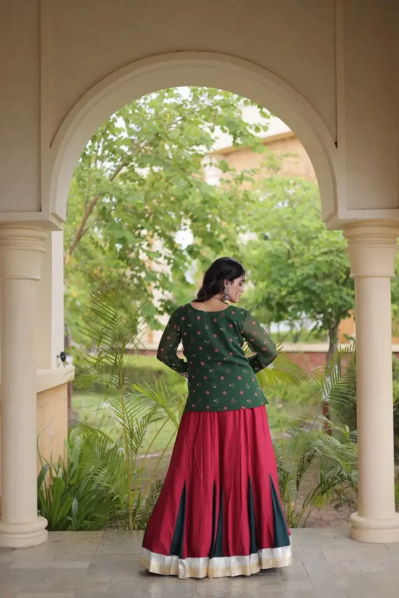 Red Green Rayon Navratri Lehenga Choli with Kutchi Gamthi Blouse and Bandhni Jacket back