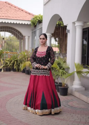 Red Black Rayon Navratri Lehenga Choli with Kutchi Gamthi Blouse and Bandhni Jacket