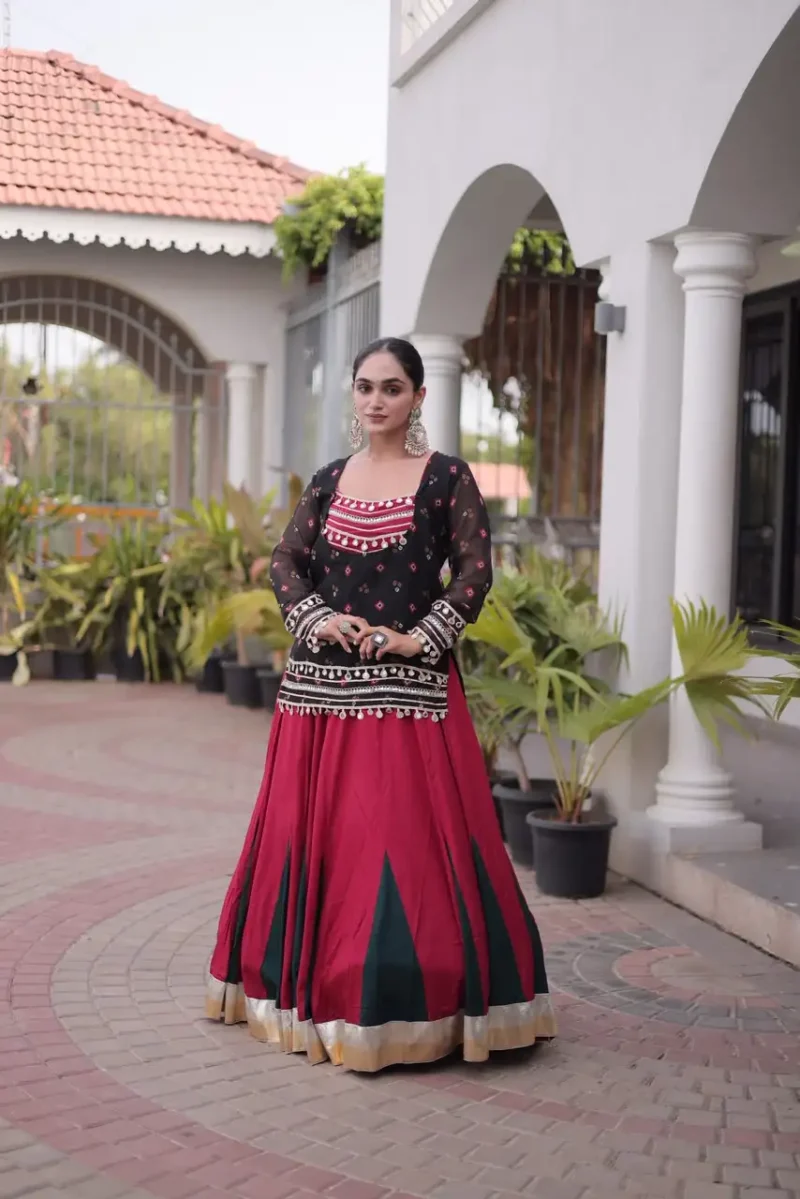 Red Black Rayon Navratri Lehenga Choli with Kutchi Gamthi Blouse and Bandhni Jacket
