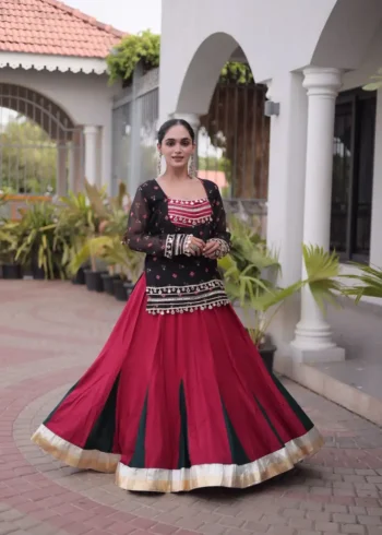Red Black Rayon Navratri Lehenga Choli with Kutchi Gamthi Blouse and Bandhni Jacket flair look