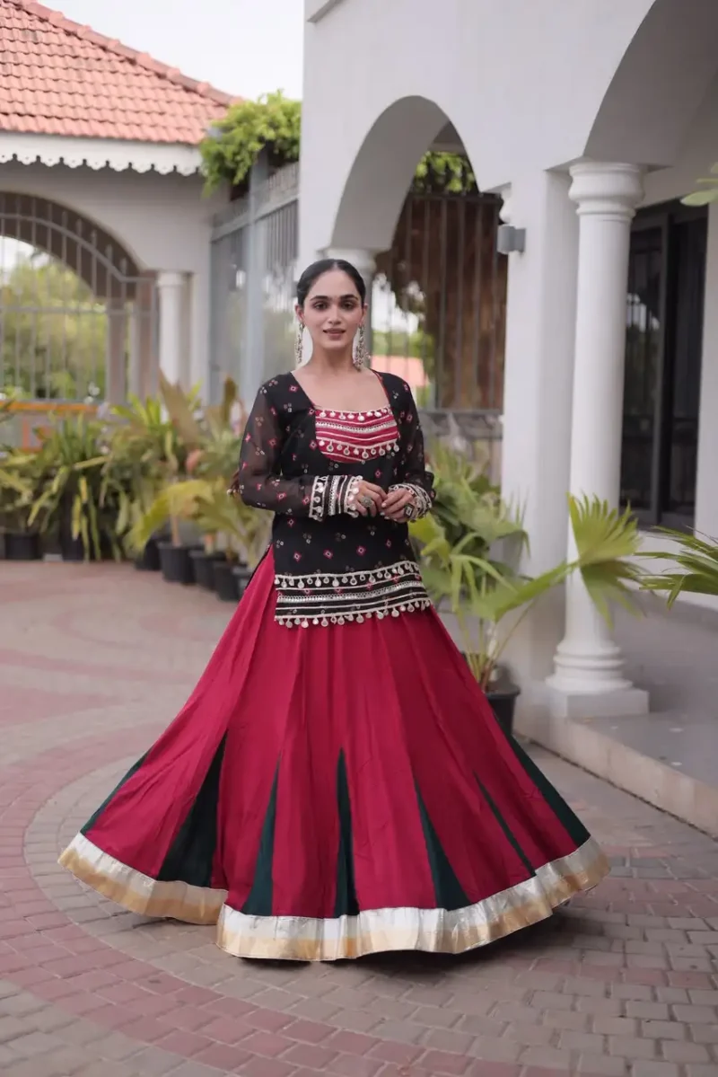 Red Black Rayon Navratri Lehenga Choli with Kutchi Gamthi Blouse and Bandhni Jacket flair look
