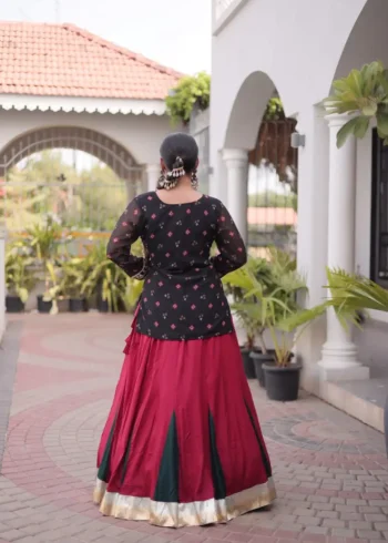 Red Black Rayon Navratri Lehenga Choli with Kutchi Gamthi Blouse and Bandhni Jacket back side