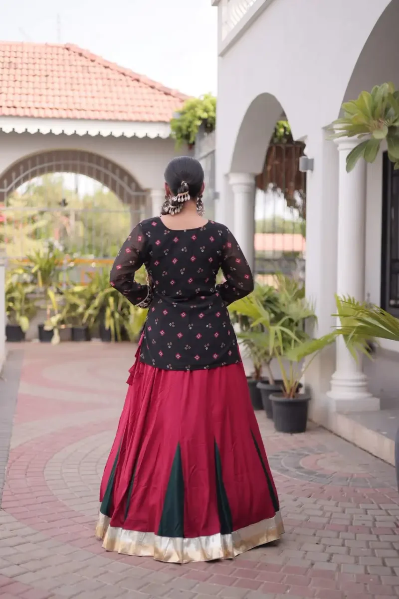 Red Black Rayon Navratri Lehenga Choli with Kutchi Gamthi Blouse and Bandhni Jacket back side