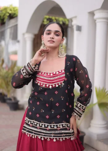 Red Black Rayon Navratri Lehenga Choli with Kutchi Gamthi Blouse and Bandhni Jacket close look