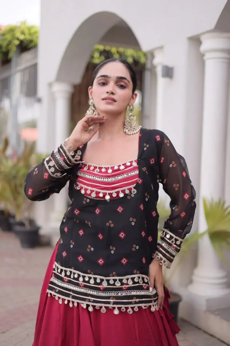 Red Black Rayon Navratri Lehenga Choli with Kutchi Gamthi Blouse and Bandhni Jacket close look