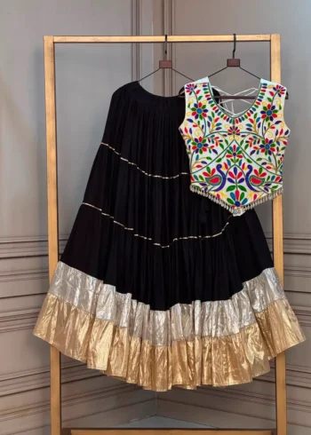 Black Rayon Navratri Top Lehenga with Kutchi Work and Lampi Lace