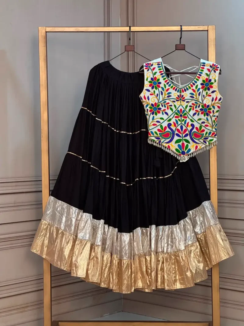 Black Rayon Navratri Top Lehenga with Kutchi Work and Lampi Lace