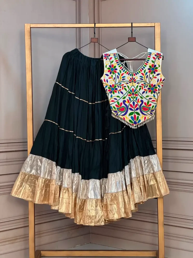 Dark Green Rayon Navratri Top Lehenga with Kutchi Work and Lampi Lace