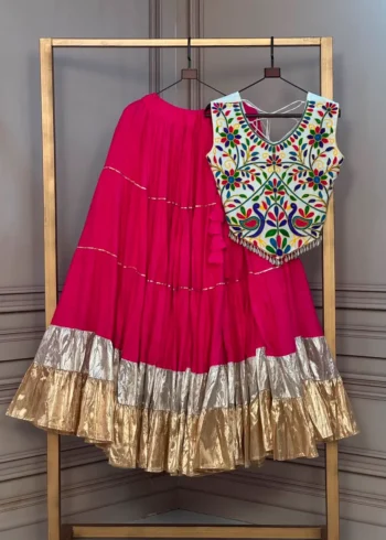 Magenta Rayon Navratri Top Lehenga with Kutchi Work and Lampi Lace