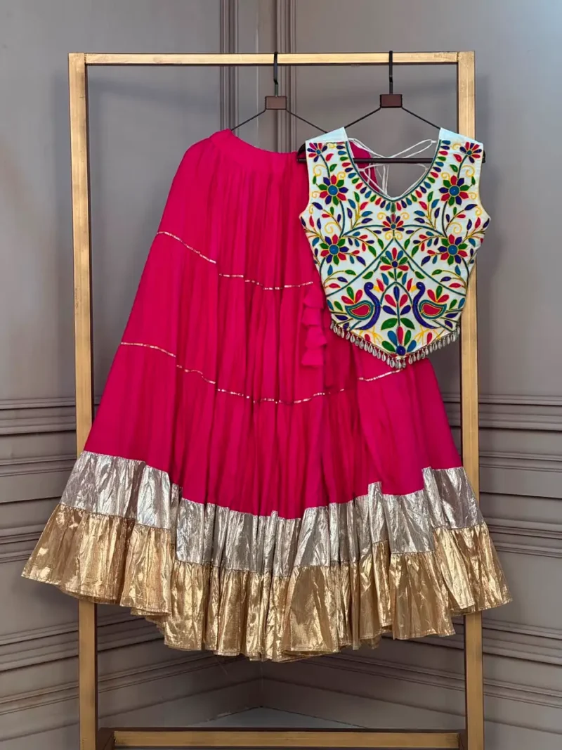 Magenta Rayon Navratri Top Lehenga with Kutchi Work and Lampi Lace