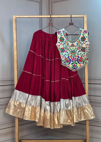 Maroon Rayon Navratri Top Lehenga with Kutchi Work and Lampi Lace