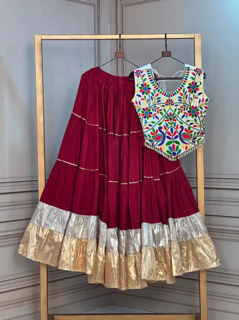 Maroon Rayon Navratri Top Lehenga with Kutchi Work and Lampi Lace