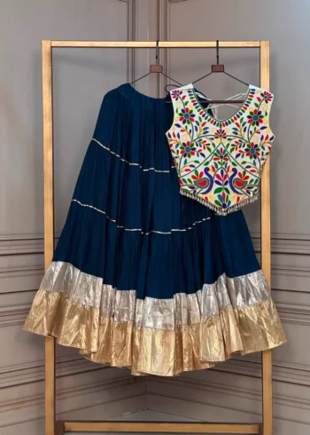 Navy Blue Rayon Navratri Top Lehenga with Kutchi Work and Lampi Lace
