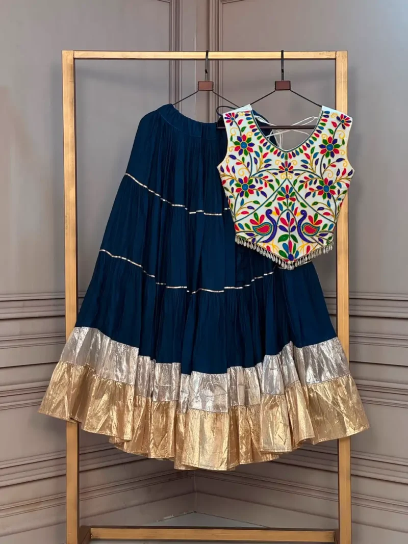 Navy Blue Rayon Navratri Top Lehenga with Kutchi Work and Lampi Lace