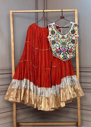 Orange Rayon Navratri Top Lehenga with Kutchi Work and Lampi Lace