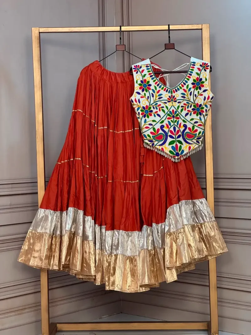 Orange Rayon Navratri Top Lehenga with Kutchi Work and Lampi Lace