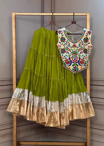 Parrot Green Rayon Navratri Top Lehenga with Kutchi Work and Lampi Lace