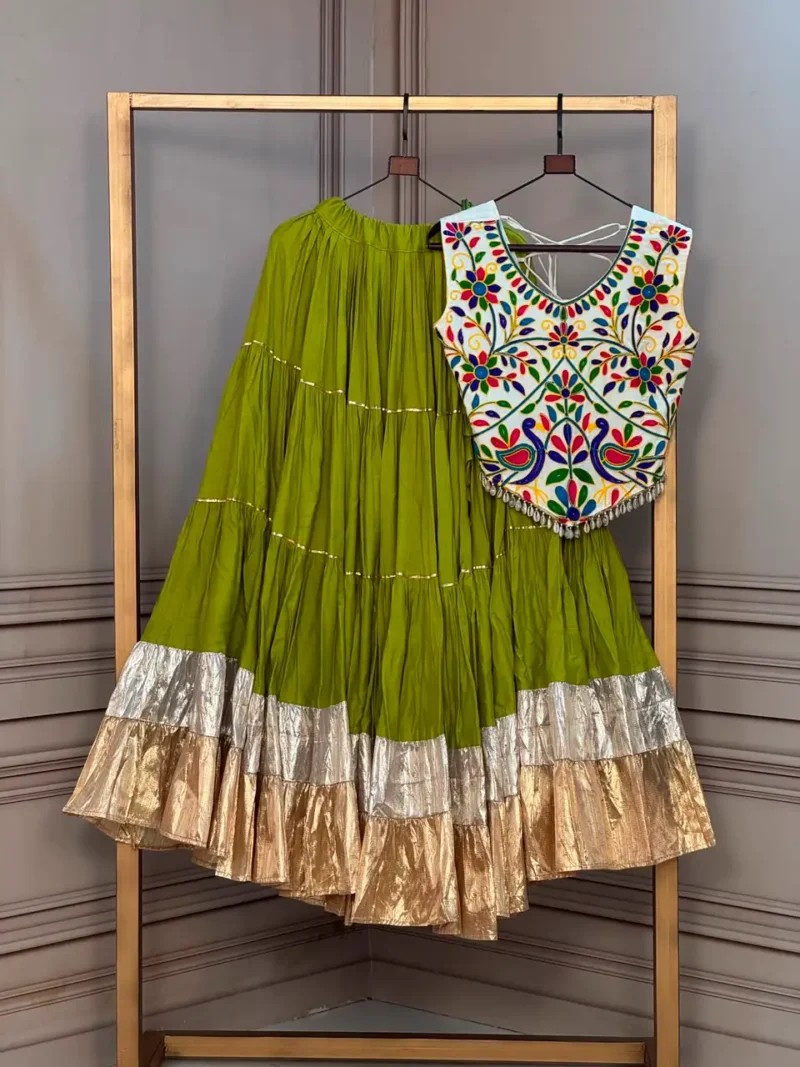 Parrot Green Rayon Navratri Top Lehenga with Kutchi Work and Lampi Lace