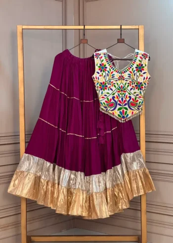 Purple Red Rayon Navratri Top Lehenga with Kutchi Work and Lampi Lace