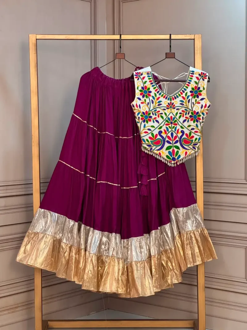 Purple Red Rayon Navratri Top Lehenga with Kutchi Work and Lampi Lace
