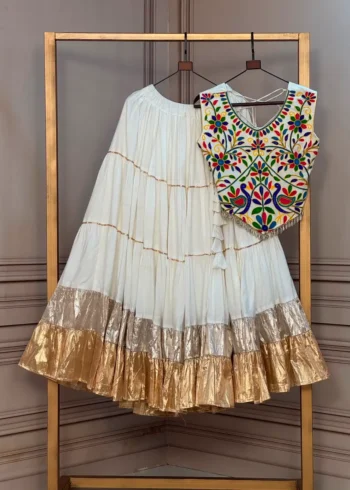 White Rayon Navratri Top Lehenga with Kutchi Work and Lampi Lace